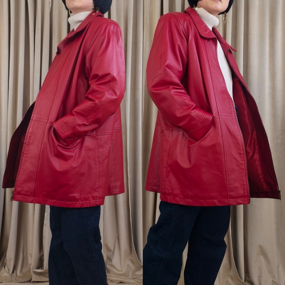Vintage Venezia Red Genuine Leather Jacket Trench - Picture 3 of 8